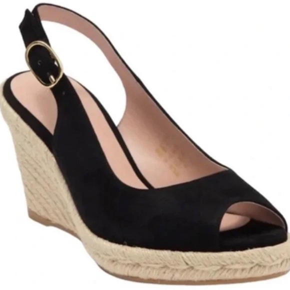 Stuart Weitzman Jean Peep Toe Espadrille BLACK Suede Wedge Sandals US 8.5 - Picture 1 of 7